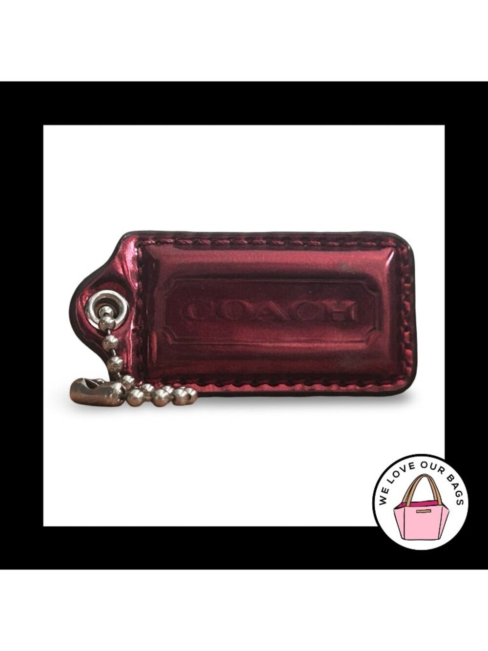 COACH POPPY HANGTAG Red Burgundy Mirrored Leather Bag Charm Keychain Fob Nickel